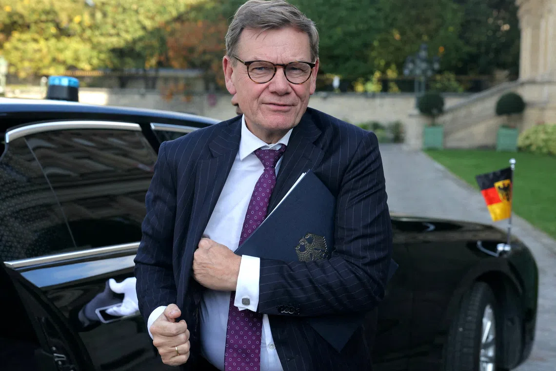 FILE PHOTO: German Foreign Minister Johann Wadephul arrives for a ministerial meeting on implementation of a Middle East peace plan at the Quai d'Orsay, in Paris, France October 9, 2025. Thomas Samson/Pool via REUTERS/File Photo