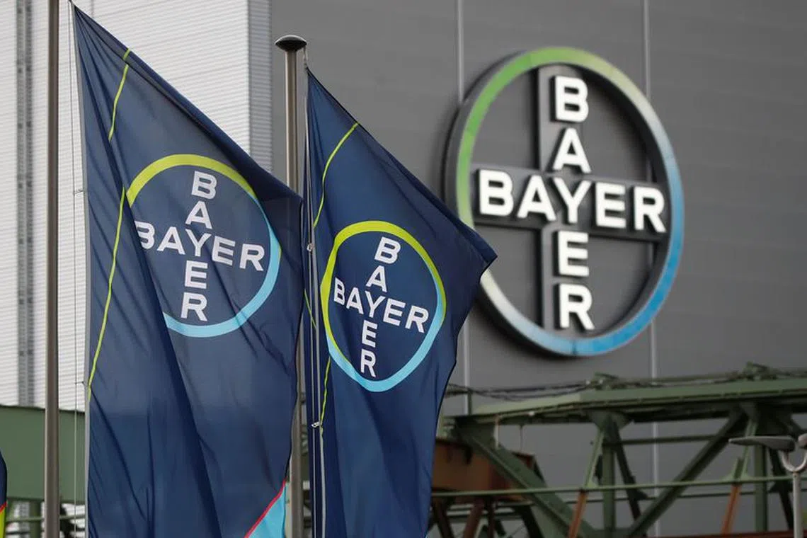FILE PHOTO: Logo and flags of Bayer AG are pictured outside a plant of the German pharmaceutical and chemical maker in Wuppertal, Germany August 9, 2019. REUTERS/Wolfgang Rattay/File Photo