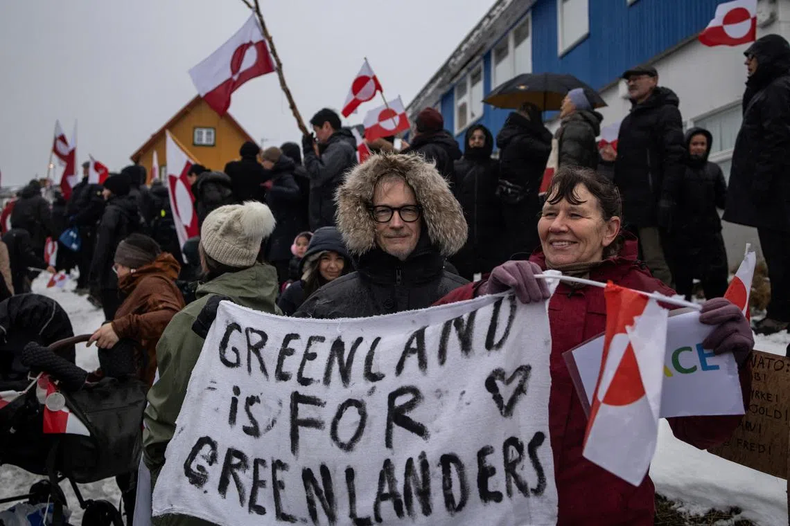 People protesting against US President Donald Trump's demand that the Arctic island be ceded to the US in Nuuk, Greenland, on Jan 17, 2026.