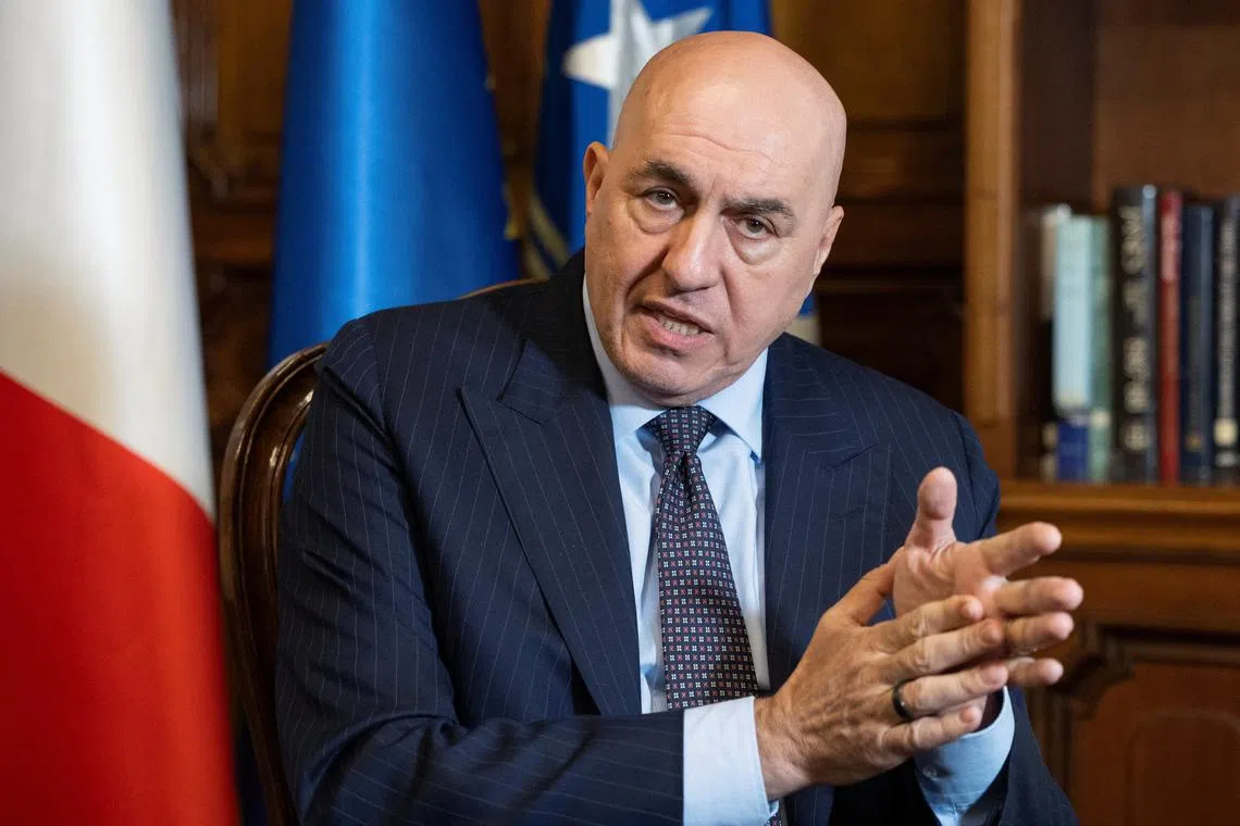 Italy's Defence Minister Guido Crosetto gestures during an interview with Reuters, in Rome, Italy, April 14, 2025. REUTERS/Remo Casilli