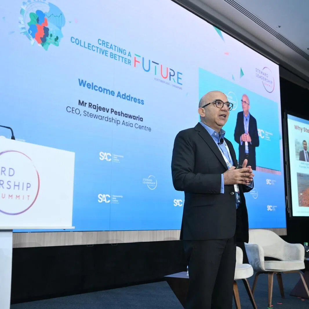 Mr Rajeev Peshawara, chief executive officer of Stewardship Asia Centre Singapore, speaking at the Steward Leadership Summit 2025.