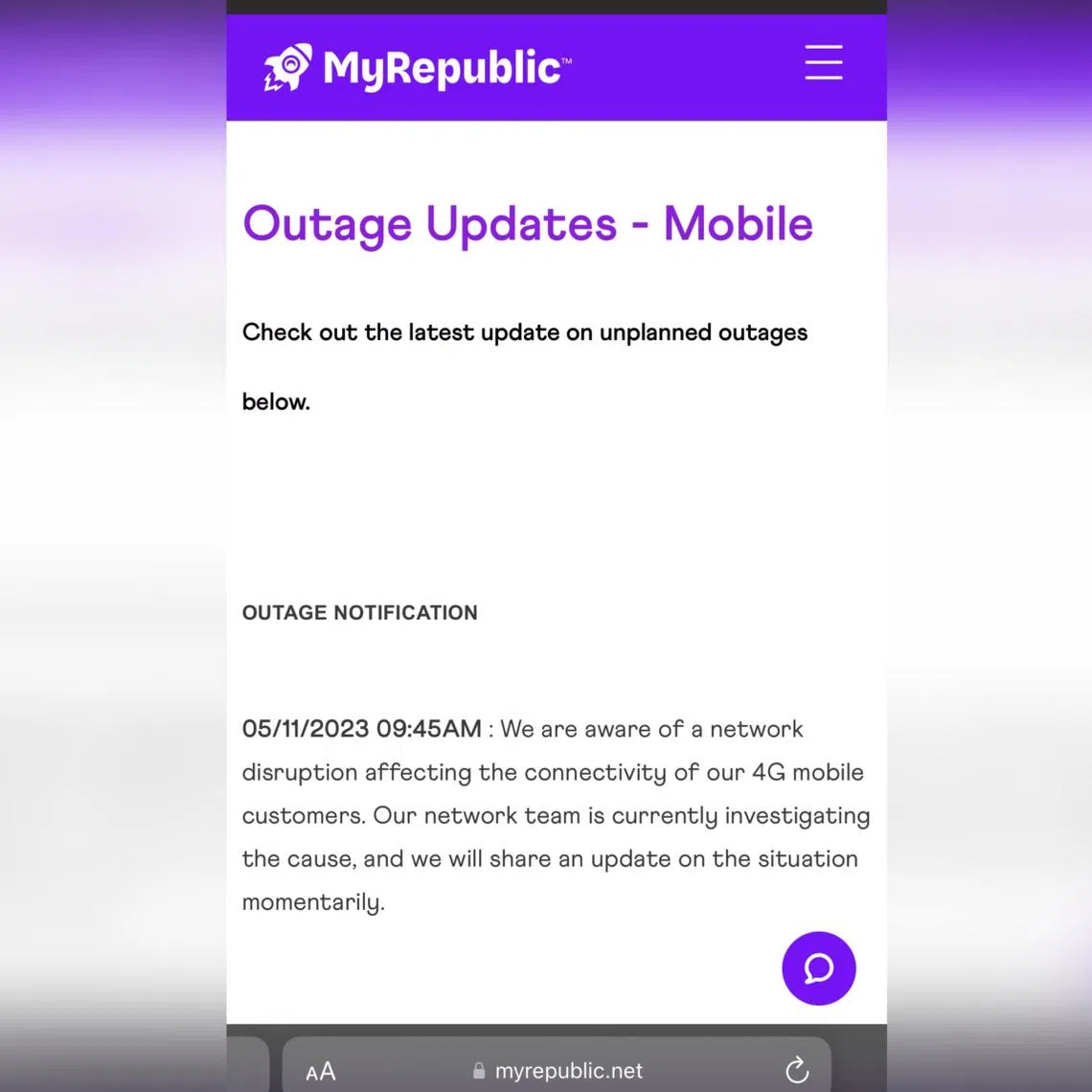 The Downdetector website, which records Internet outages, saw an increase in complaints about MyRepublic from about 6.30am.