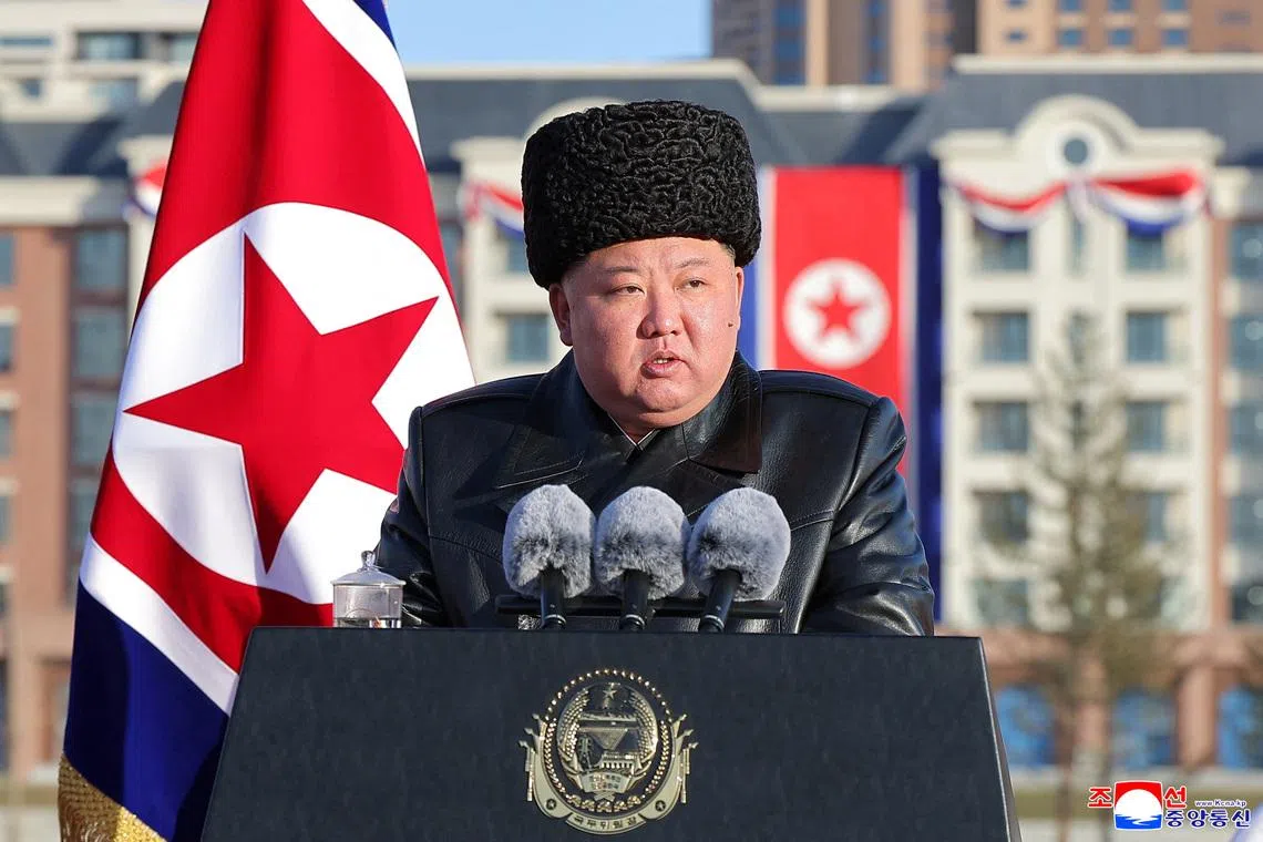 FILE PHOTO: North Korean leader Kim Jong Un presides over the completion ceremony of a new housing district in Pyongyang for families of troops who died in overseas military operations, state media KCNA said, in this picture released by North Korea's official Korean Central News Agency, February 16, 2026.  KCNA via REUTERS/ File Photo