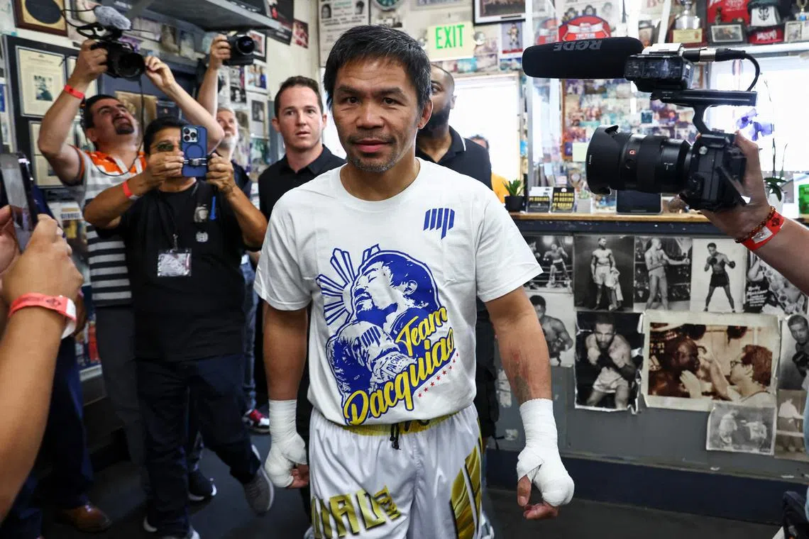 Manny Pacquiao arrives to train at Wild Card Boxing Club on June 25, 2025 in Los Angeles.