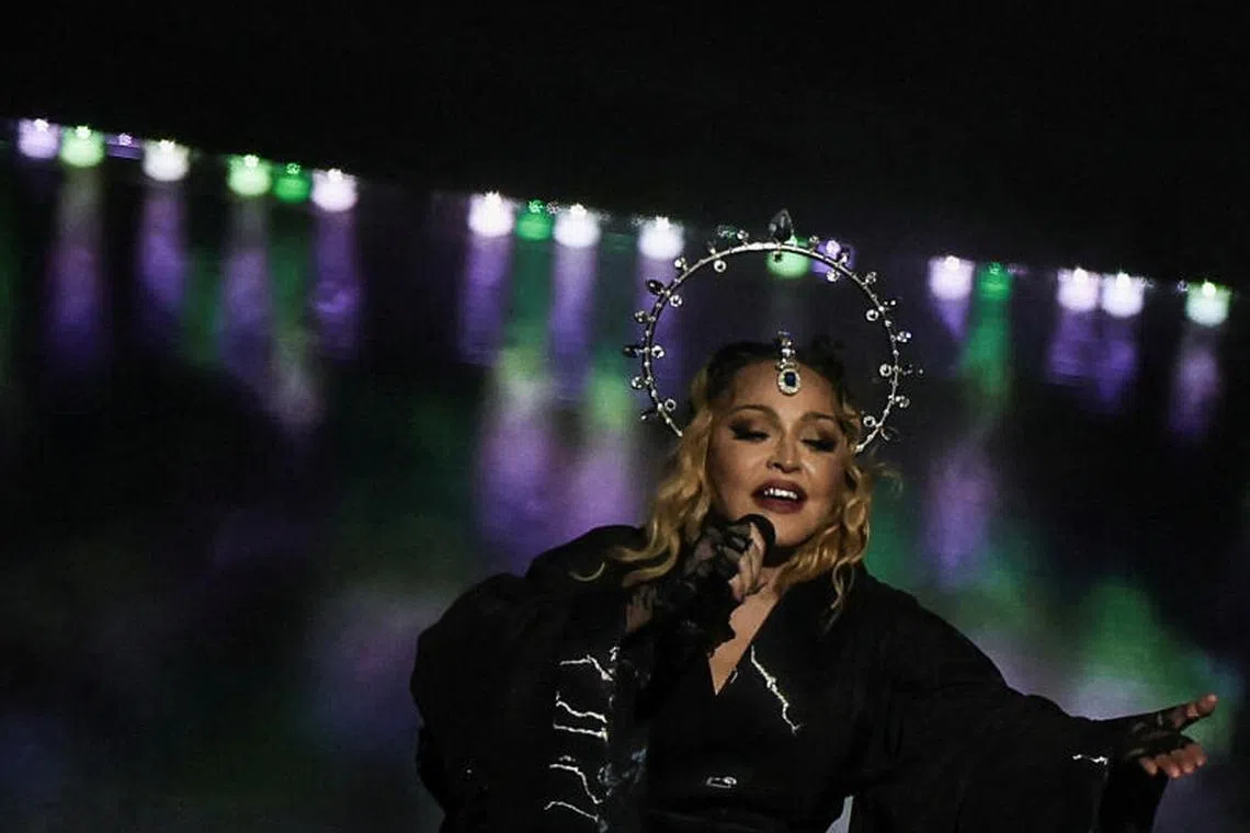 Pop star Madonna performs during a concert at the Copacabana beach in Rio de Janeiro, Brazil on May 4, 2024.
