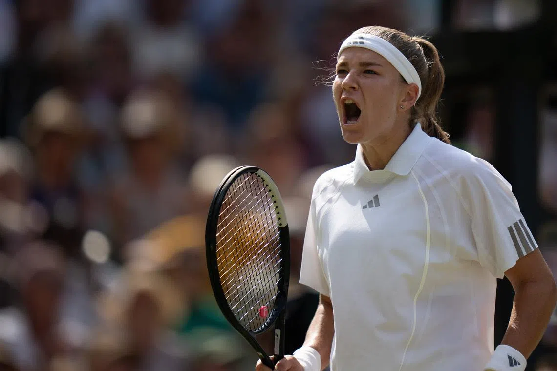 Jul 9, 2026; London, United Kingdom; Karolina Muchova of the Czech Republic reacts during her match against Coco Gauff of the United States on day 11 at All England Lawn Tennis and Croquet Club.  Mandatory Credit: Susan Mullane-Imagn Images