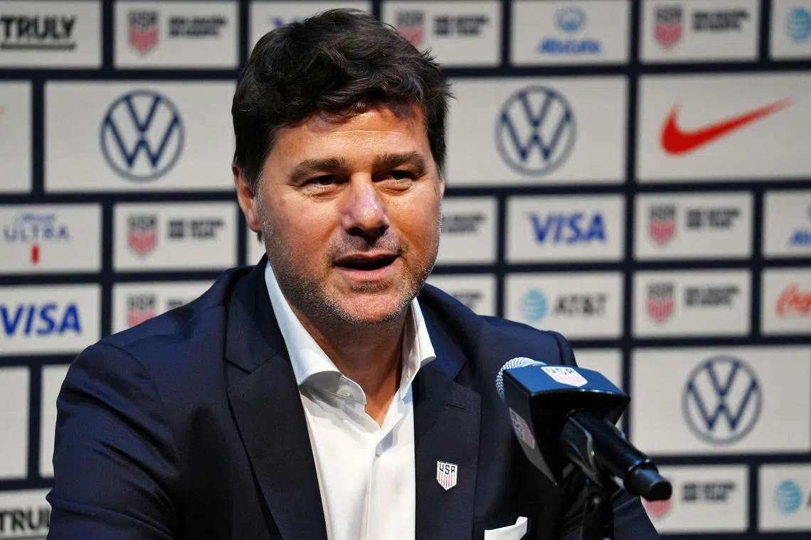 Mauricio Pochettino talking to the media during a press conference introducing him as the new head coach for the US men's national team.