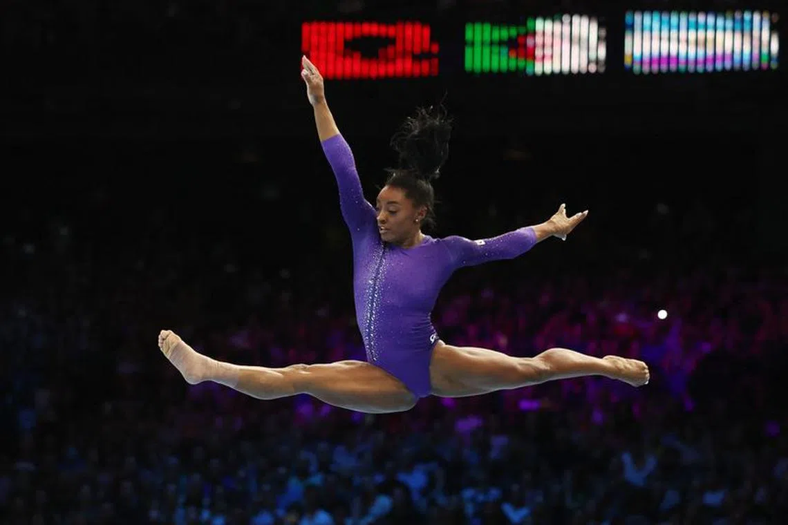 Gymnastics - 2023 World Artistic Gymnastics Championships - Sportpaleis, Antwerp, Belgium - October 8, 2023 Simone Biles of the U.S. in action on the floor during the women's apparatus finals REUTERS/Yves Herman/File photo