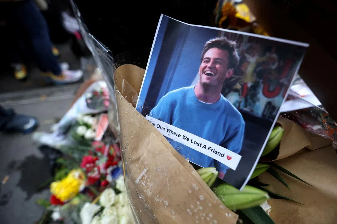 FILE PHOTO: A makeshift memorial for actor Matthew Perry, the wise-cracking co-star of the 1990s hit television sitcom \"Friends,\" who was found dead at his Los Angeles home October 28, is pictured on Bedford Street in Manhattan in New York City, U.S., October 30, 2023. REUTERS/Mike Segar/File Photo