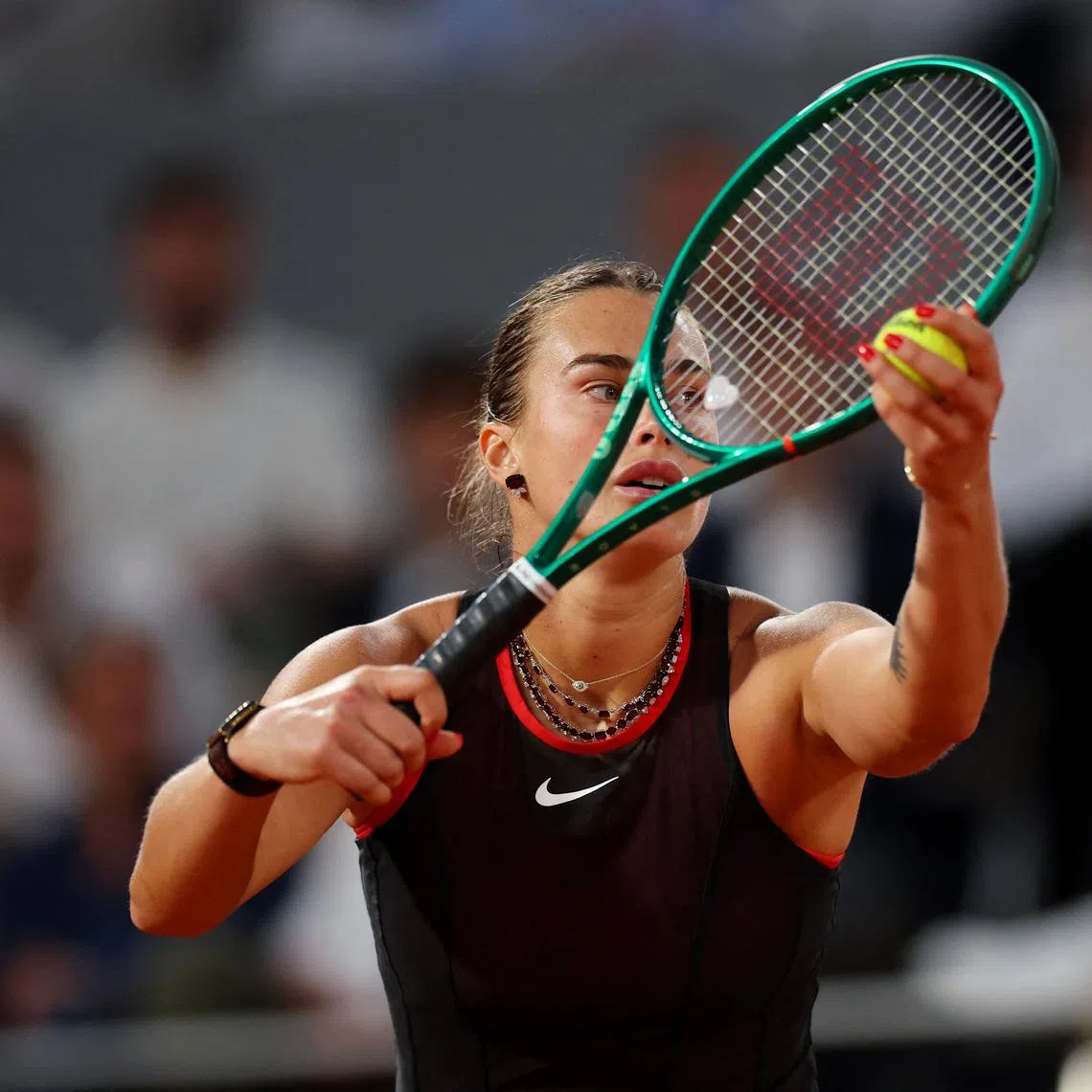 Belarus' Aryna Sabalenka in action during her fourth round match against Japan's Naomi Osaka at the French Open.