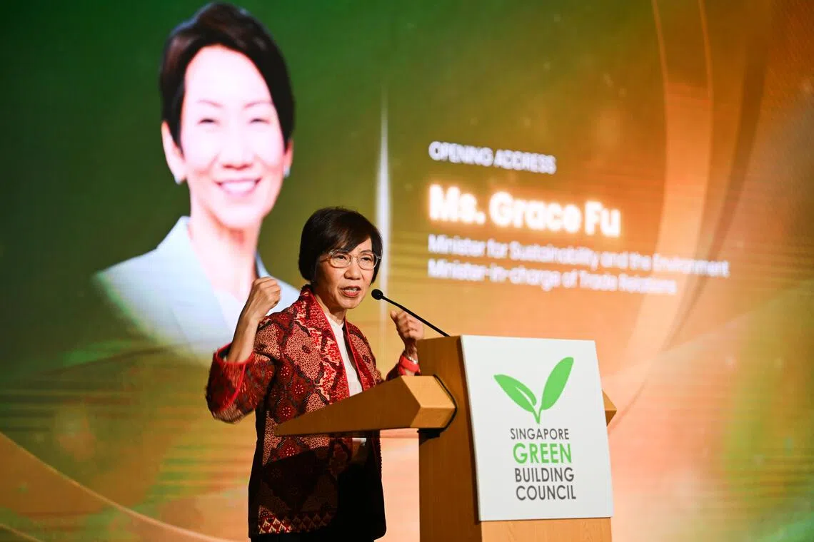 Minister for Sustainability and the Environment Grace Fu speaking at the Singapore Green Building Council’s awards gala dinner.