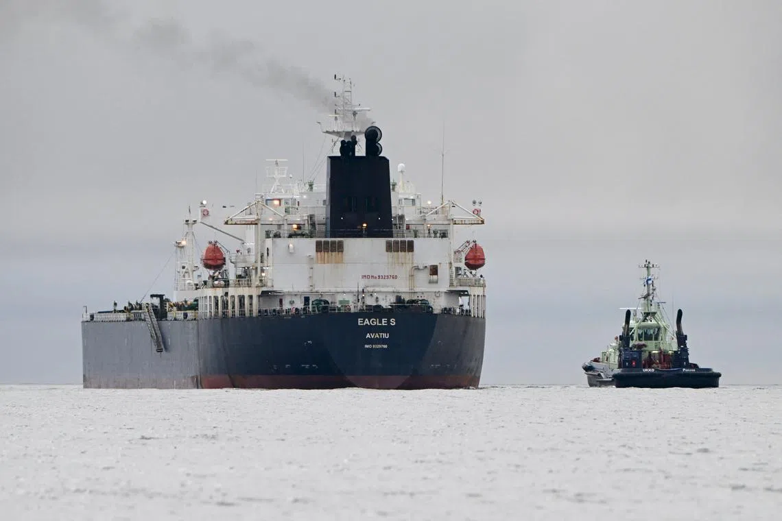 Finnish tugboat Ukko is seen near Oil tanker Eagle S outside the Porkkalanniemi, Kirkkonummi, on the Gulf of Finland on December 28, 2024, Jussi Nukari/Lehtikuva/via REUTERS.