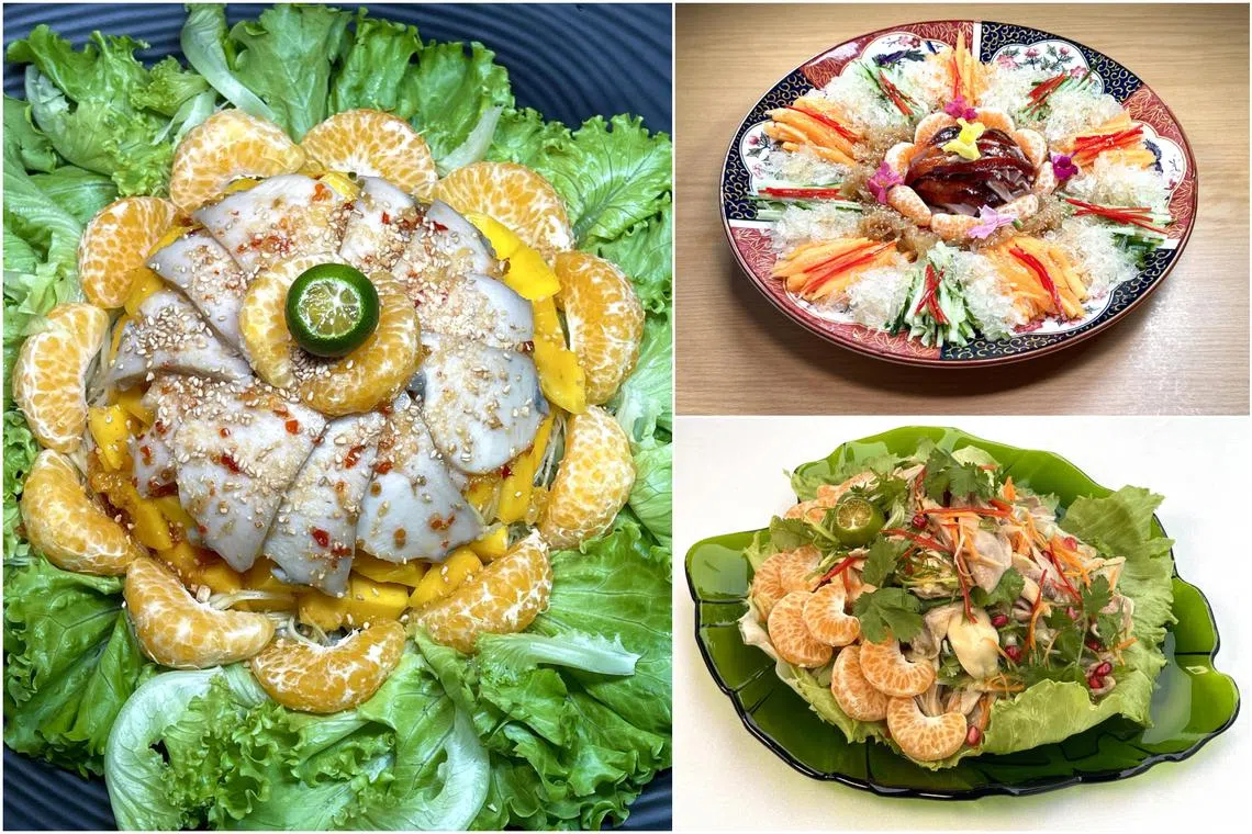 (Clockwise from left) Abalone dome salad, mandarin orange roast duck salad and citrusy chicken salad with mandarin orange.
