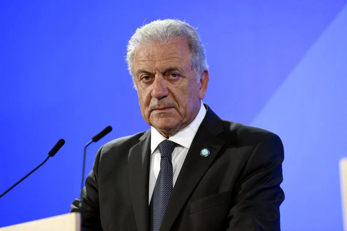European Commissioner for Migration and Home Affairs Dimitris Avramopoulos attends a news conference in Helsinki, Finland, July 18, 2019.   Lehtikuva/Emmi Korhonen via REUTERS