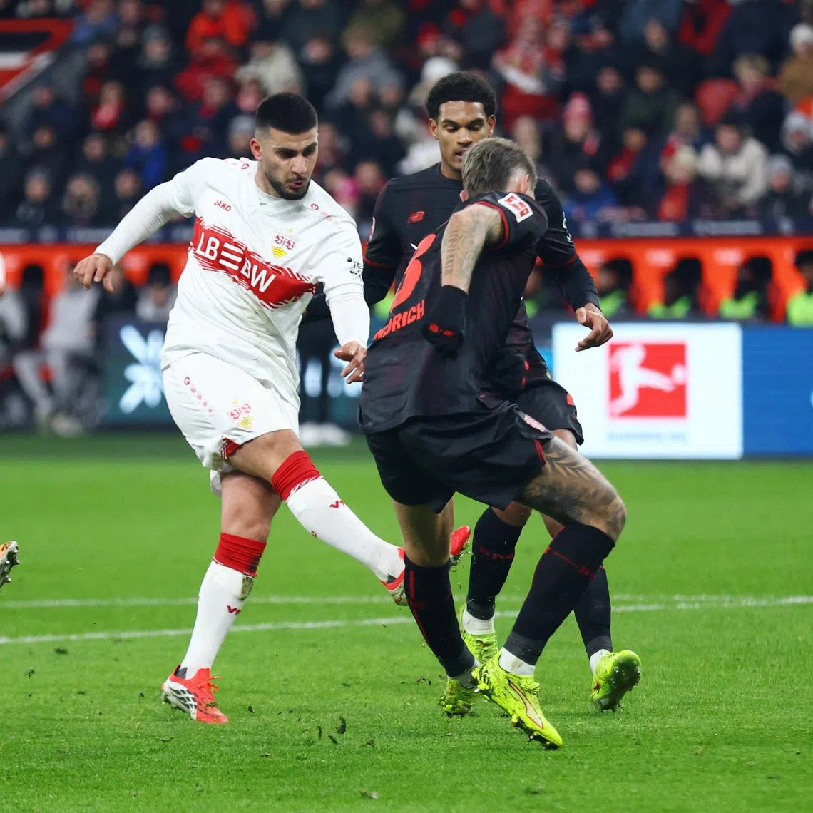 Soccer Football - Bundesliga - Bayer Leverkusen v VfB Stuttgart - BayArena, Leverkusen, Germany - January 10, 2026  VfB Stuttgart's Deniz Undav scores their fourth goal REUTERS/Thilo Schmuelgen