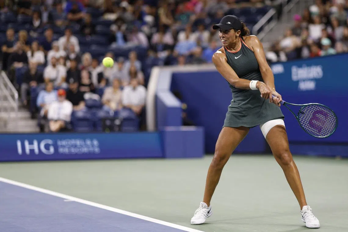 Aug 30, 2024; Flushing, NY, USA; Madison Keys (USA) hits a backhand against Elise Mertens (BEL)(not pictured) in a women's singles match on day five of the 2024 U.S. Open tennis tournament at Billie Jean King USTA National Tennis Center. Geoff Burke-USA TODAY Sports/File Photo
