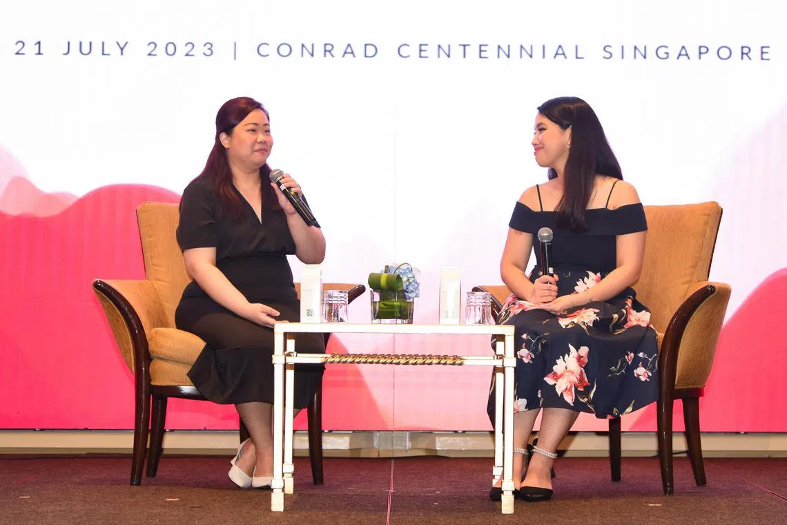 Joey (left), a beneficiary of the Salvation Army's children and youth programmes, sharing her story at the luncheon on July 21, 2023.