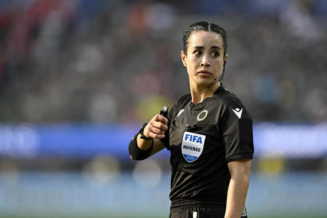 FILE PHOTO: Mar 23, 2025; Inglewood, California, USA; FIFA referee Katia Itzel Garcia looks on during the second half of the Concacaf Nations League third place match at SoFi Stadium. Mandatory Credit: Alex Gallardo-Imagn Images/File Photo