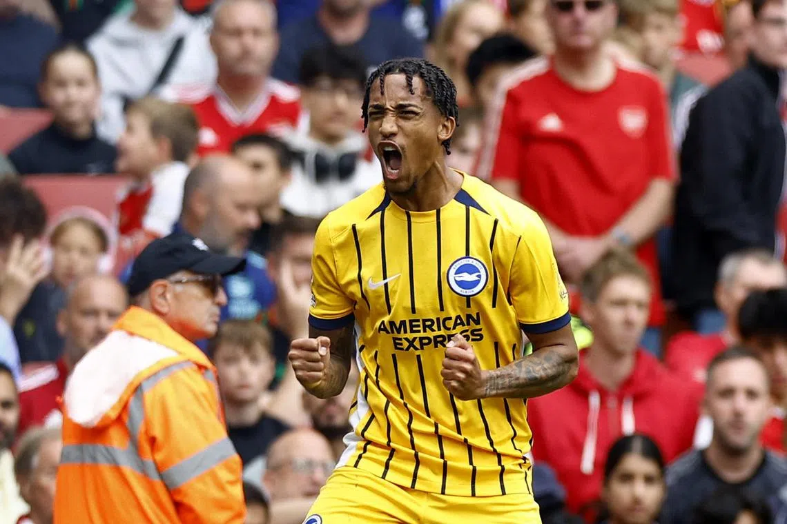 Brighton & Hove Albion's Joao Pedro celebrates after scoring against Arsenal in their English Premier League match on Aug 31, 2024.