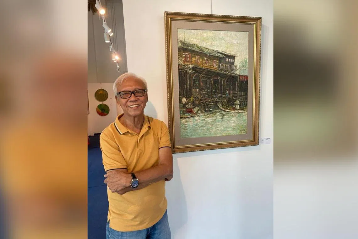 Cultural Medallion recipient Ang Ah Tee with his painting at  Grantral Mall @ MacPherson. 