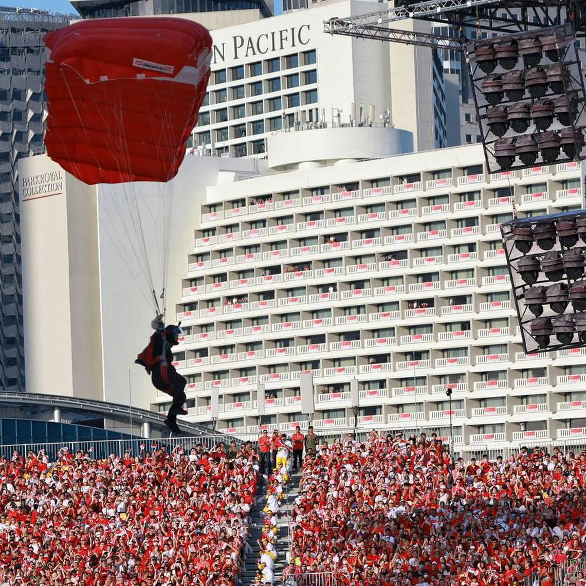 A Red Lion making his descent during the National Day Parade at the Padang on Aug 9.