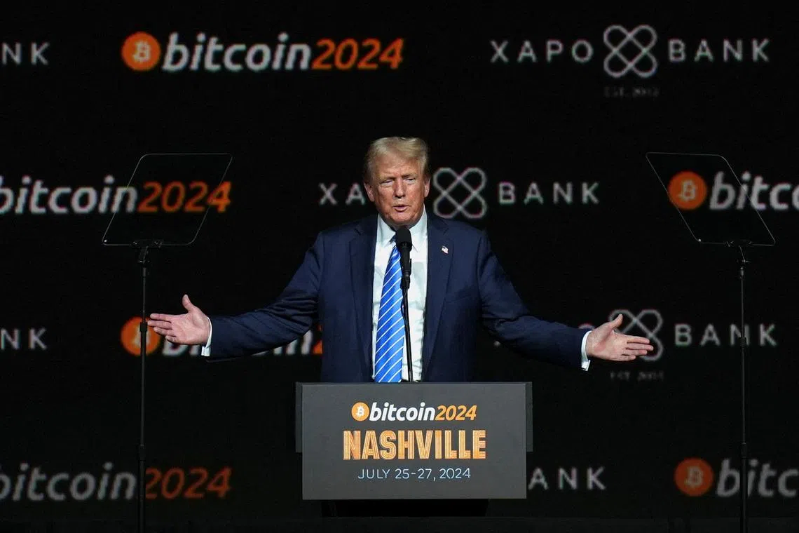 Republican presidential nominee and former U.S. President Donald Trump speaks at the Bitcoin 2024 event in Nashville, Tennessee, U.S., July 27, 2024. REUTERS/Kevin Wurm