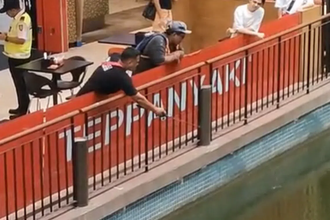 A video of the unidentified man fishing in the mall  has gone viral.