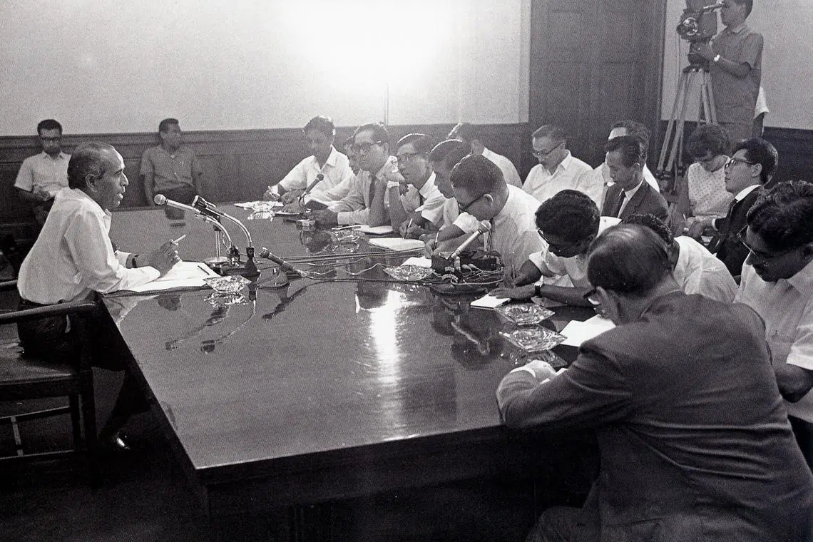 Mr S. Rajaratnam briefing the press during his first week as foreign minister of newly independent Singapore in 1965.