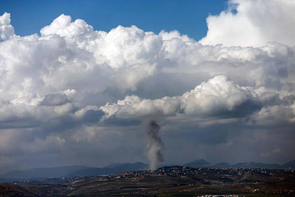 Smoke billowing during Israel's bombardment of the Lebanese village of Khiam on April 8, 2024, amid ongoing cross-border tensions as fighting continues between Israel and Hamas militants in the Gaza Strip. 
