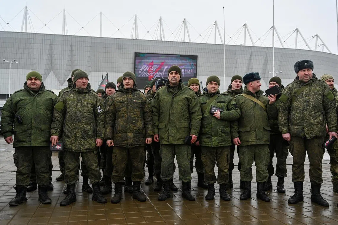 Service members of the Russian armed forces in Rostov-on-Don, Russia, on Feb 19. 