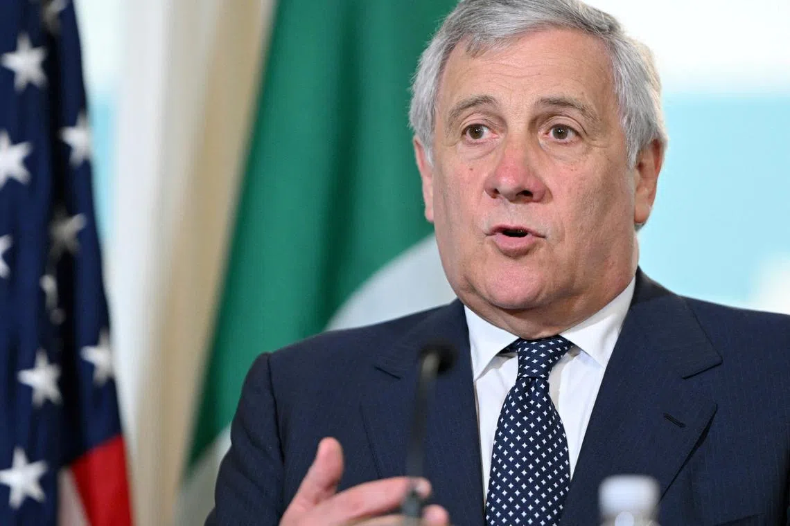 FILE PHOTO: Italian Foreign Minister Antonio Tajani speaks to the press in the Treaty Room of the State Department in Washington, U.S., June 12, 2023. Mandel Ngan/Pool via REUTERS/File Photo