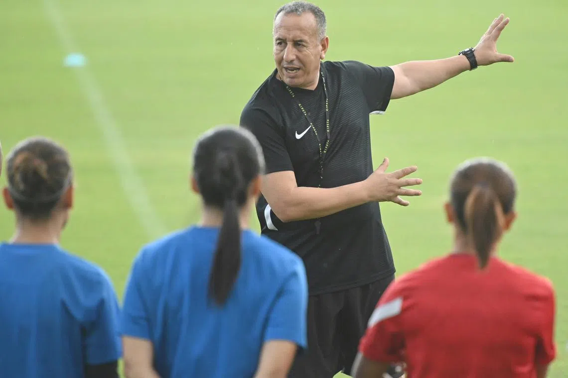 National women's head coach Karim Bencherifa taking charge of a training session at the Kallang Football Hub ahead of the Women's Olympic Football Qualifiers in Chonburi.