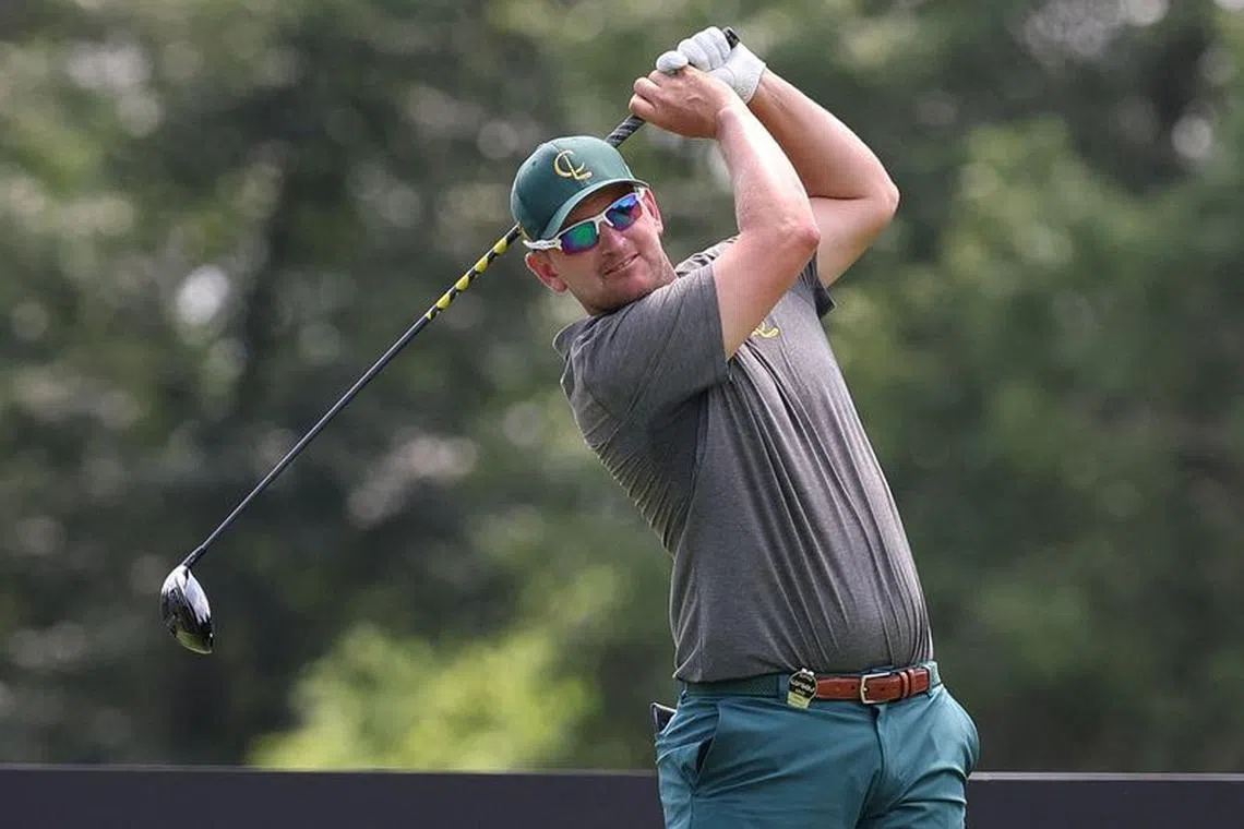 FILE PHOTO: Aug 12, 2023; Bedminster, New Jersey, USA; Bernd Wiesberger plays his shot from the third tee during the second round of the LIV Golf Bedminster golf tournament at Trump National Bedminster. Mandatory Credit: Vincent Carchietta-USA TODAY Sports/File Photo