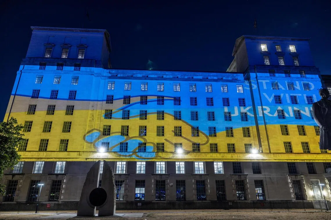 The UK Ministry of Defence Main Building is illuminated in the blue and yellow colours of the Ukrainian flag to mark Ukrainian Independence Day, amid Russia's attack on Ukraine in London, Britain, in this handout picture released August 23, 2026. UK MOD © Crown copyright 2026/Handout via REUTERS    THIS IMAGE HAS BEEN SUPPLIED BY A THIRD PARTY.MANDATORY CREDIT.