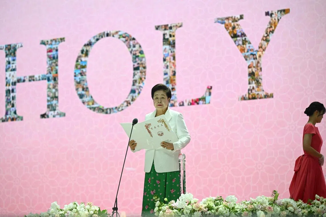 Unification Church leader Han Hak-ja attending a mass wedding ceremony organised by the church in Gapyeong., South Korea.