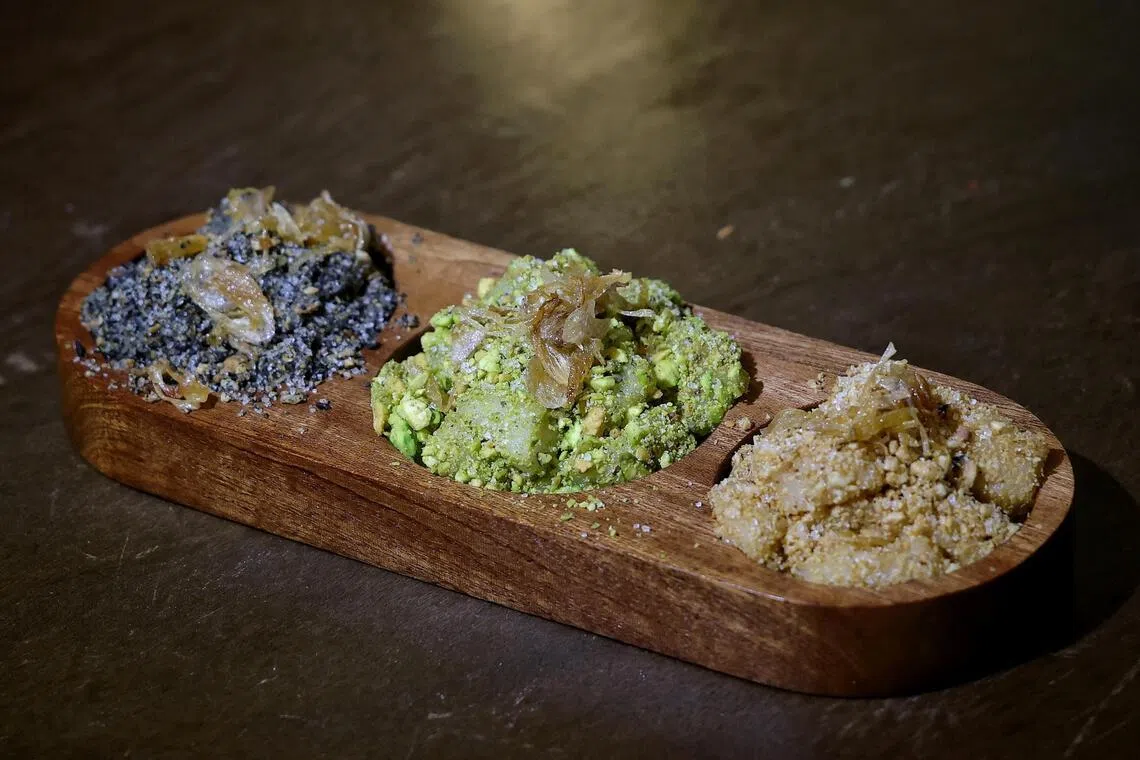 Shallot Oil Muah Chee at Ah Ma’s Legacy comes in three variations: (From left) Goma & Almond, Salty Pistachio and Peanut & White Sesame 