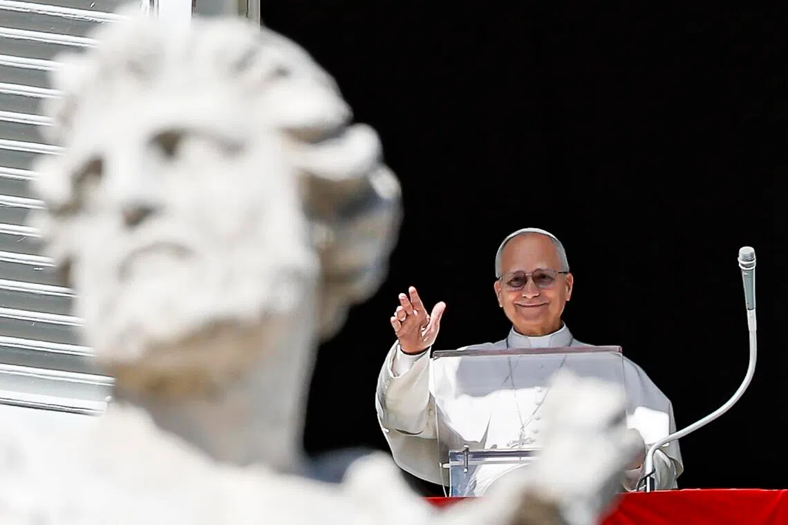 Pope Leo XIV leads the Angelus prayer, the traditional Sunday prayer.
