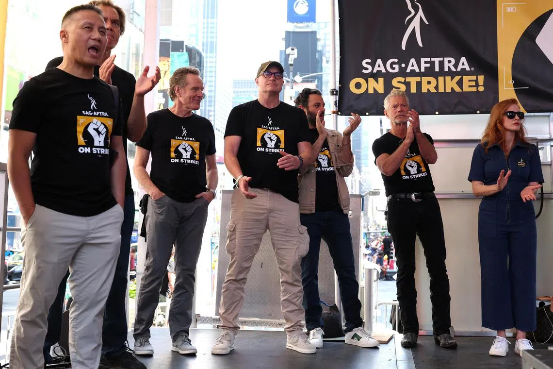 Actors BD Wong, Brendan Fraser, Bryan Cranston, Arian Moayed, Stephen Lang and Jessica Chastain attend a strike rally in New York.
