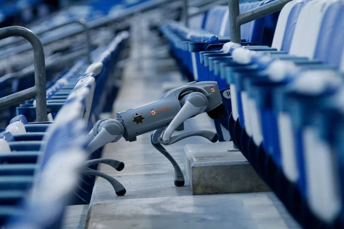 An K9-X robot dog climbing the stairs during a presentation by Mexican police at the BBVA Stadium in Monterrey, Mexico, on Feb 11, 2026. The four-legged robots are designed to enter dangerous areas and broadcast live video back to security forces. 
