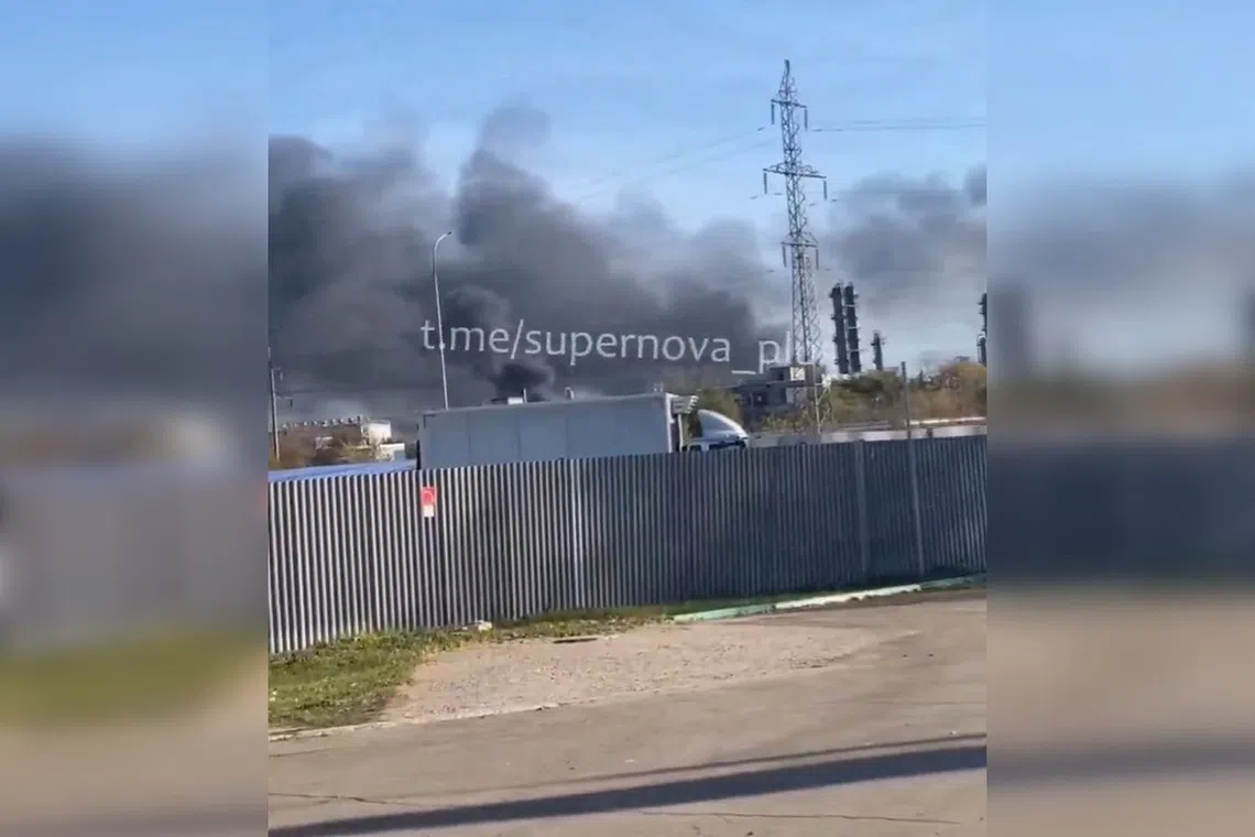 A screenshot from a video circulating online that is said to show Ukraine’s attack on a major petrochemical plant in Russia.