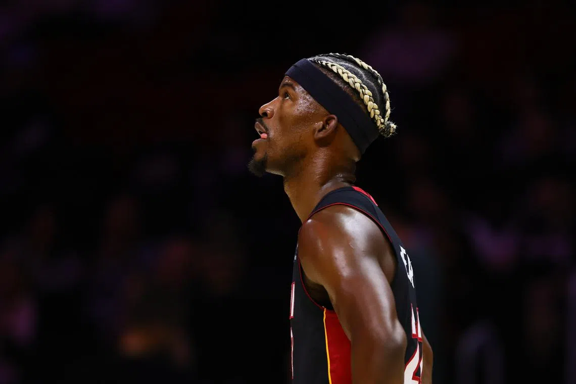Nov 4, 2024; Miami, Florida, USA; Miami Heat forward Jimmy Butler (22) looks on against the Sacramento Kings during the first quarter at Kaseya Center. Mandatory Credit: Sam Navarro-Imagn Images/ File Photo