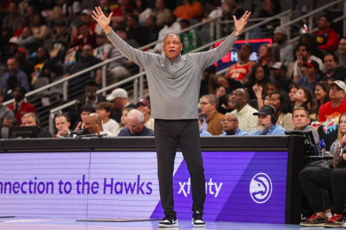 Milwaukee Bucks head coach Doc Rivers reacting to a call on Feb 7, when his team blew a 21-point lead in a 115-110 NBA loss at the Atlanta Hawks at State Farm Arena.