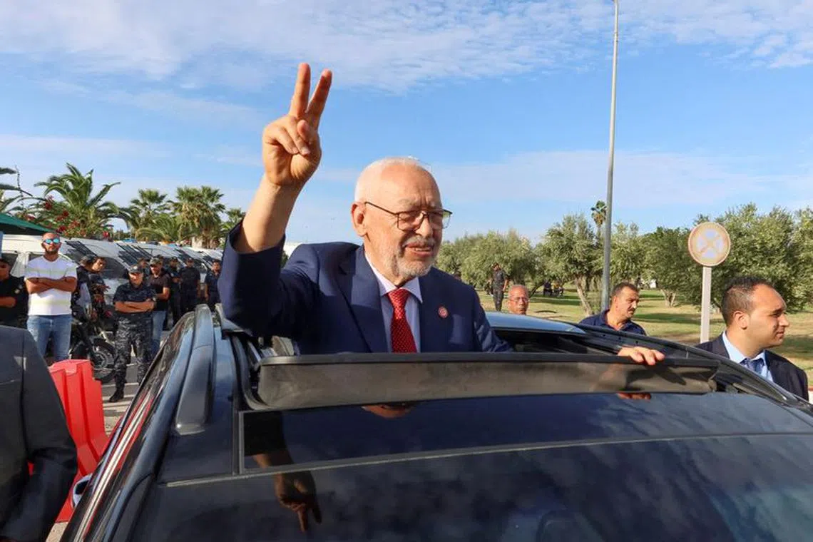 FILE PHOTO: Islamist Ennahda party leader Rached Ghannouchi gestures outside Judicial Pole of Counter-Terrorism after a Tunisian judge postponed a terrorism hearing against him in Tunis,Tunisia September 21, 2022. REUTERS/Jihed Abidellaoui/File Photo
