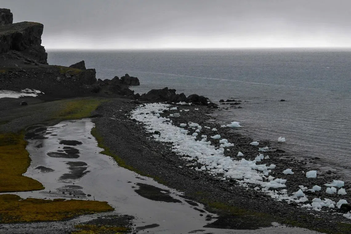 (FILES) View of Livingston Island in the South Shetland Islands, Antarctica on January 26, 2024. The ice level in Antarctica registers historic lows for the third consecutive year due to global warming, but the serious consequences for life on the planet "do not seem to matter to the world's population", laments scientist Miguel de Pablo from the confines of the continent. (Photo by JUAN BARRETO / AFP)