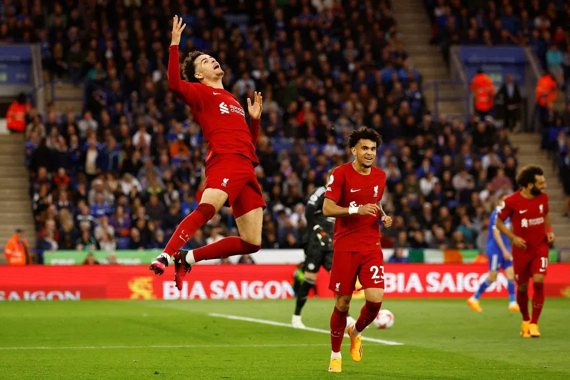 Liverpool's Curtis Jones celebrates scoring their second goal against Leicester City on Monday.