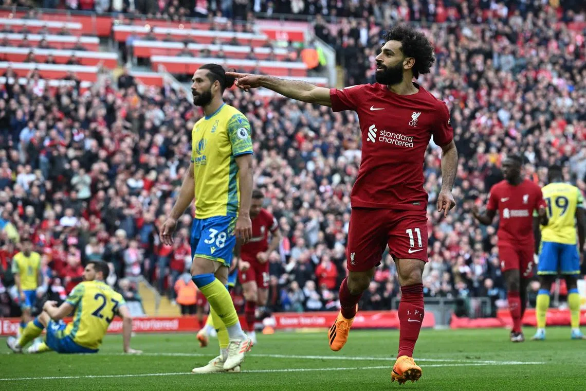 Liverpool's Mohamed Salah celebrates after scoring their third goal against Nottingham Forest.