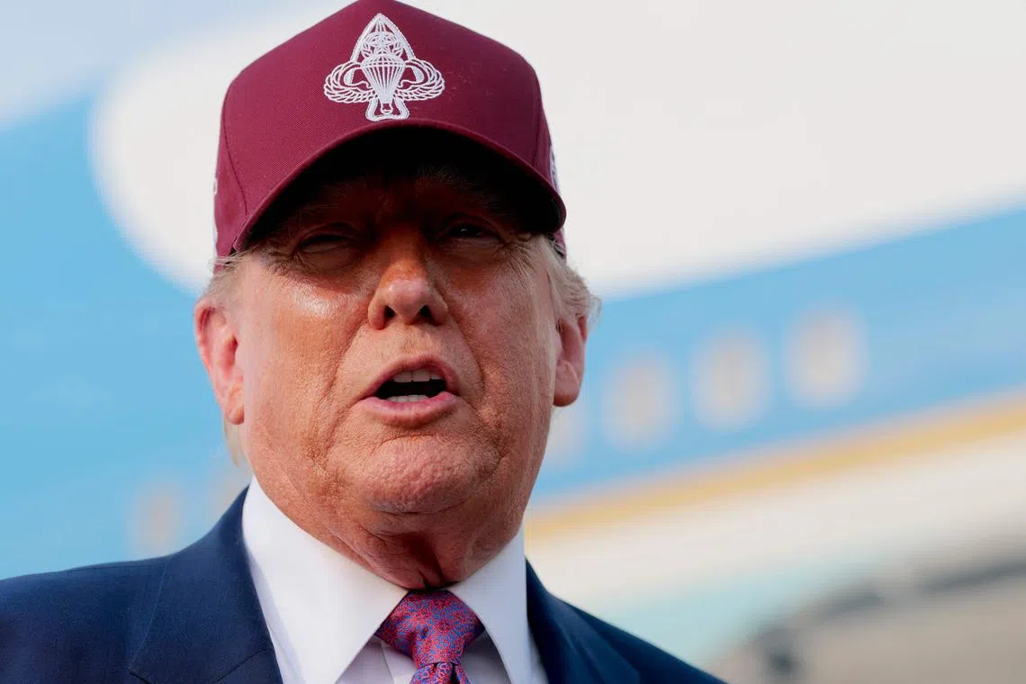 US President Donald Trump speaks to reporters after walking off Air Force One on June 10, 2025 at Joint Base Andrews, Maryland. 