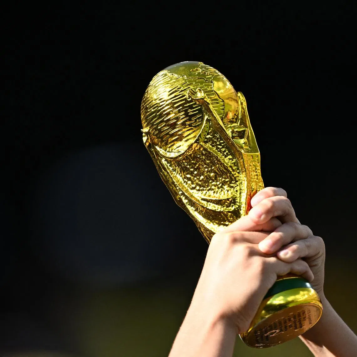 FILE PHOTO: Soccer Football - FIFA World Cup 2026 - New York/New Jersey Stadium, East Rutherford, New Jersey, U.S. - June 13, 2026 A fan holds up a replica of the FIFA World Cup trophy REUTERS/Dylan Martinez/File Photo