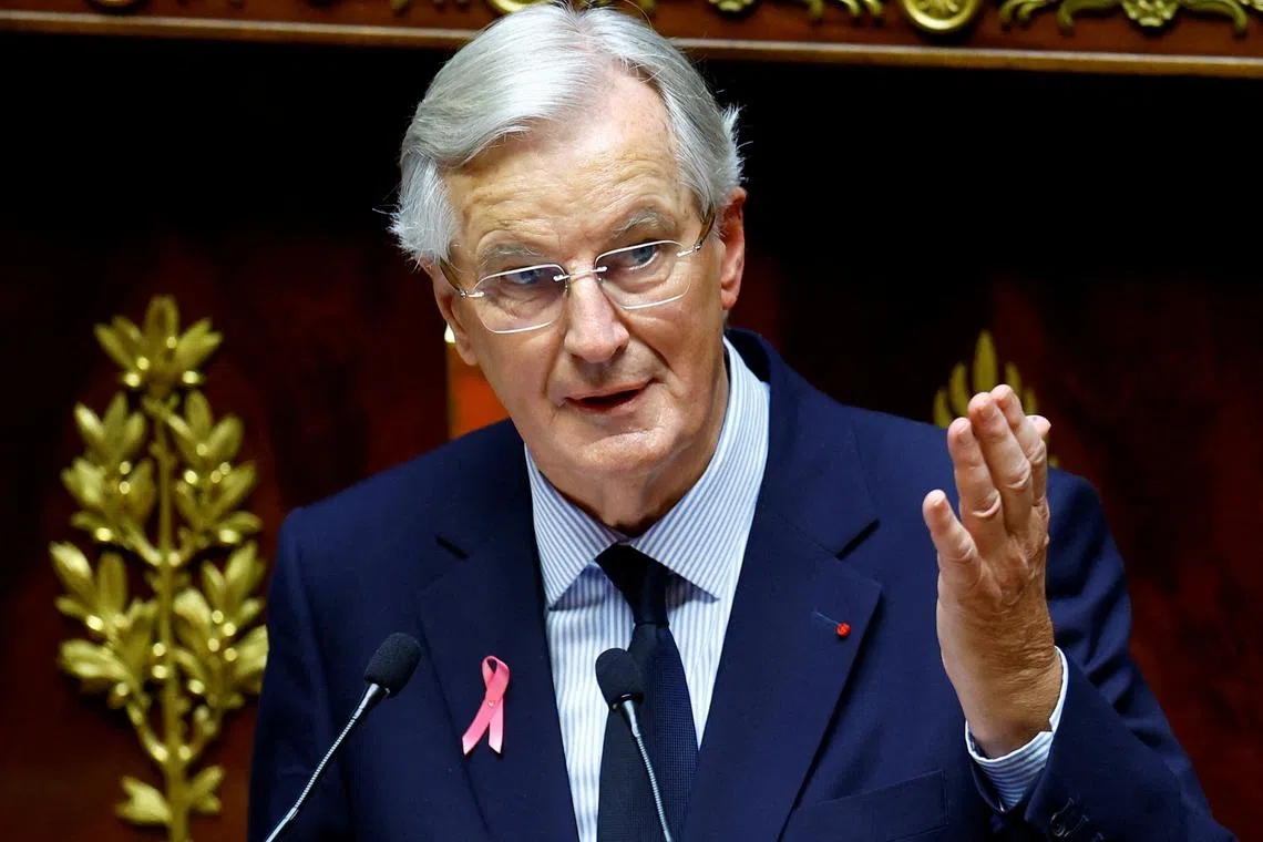 FILE PHOTO: French Prime Minister Michel Barnier delivers his general policy speech at the National Assembly in Paris, France, October 1, 2024. REUTERS/Sarah Meyssonnier/File Photo