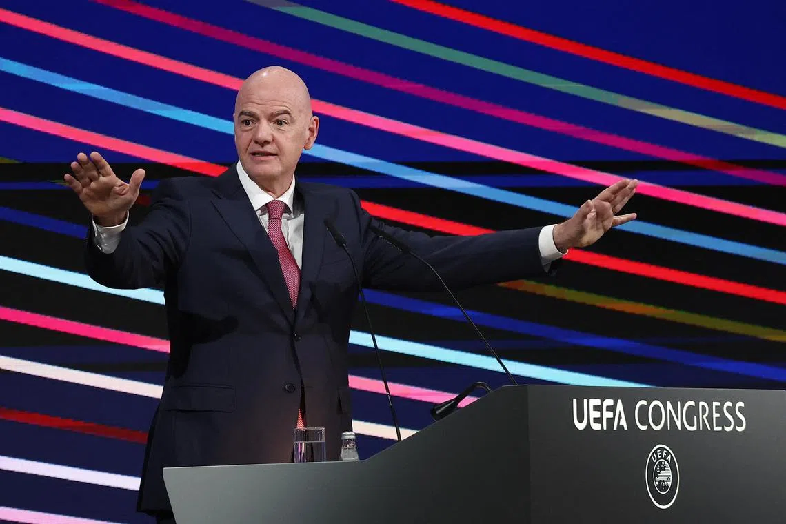 Soccer Football - 49th UEFA Ordinary Congress - Sava Congress Centar, Belgrade, Serbia - April 3, 2025 FIFA President Gianni Infantino speaks during the congress REUTERS/Zorana Jevtic/File Photo